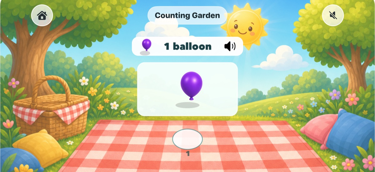 Objects arranged for counting in Counting Garden