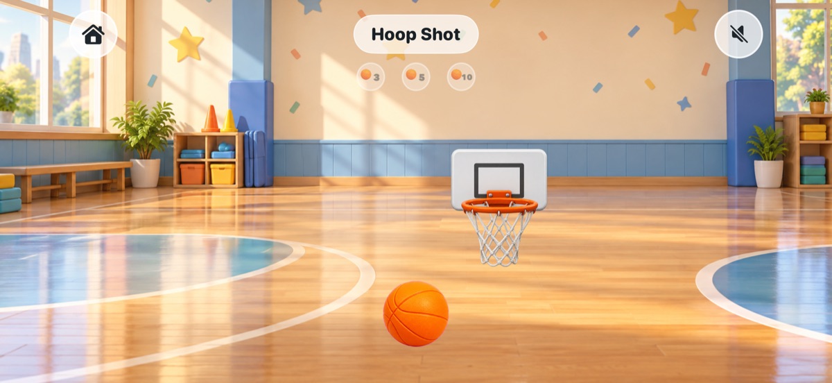 A basketball and moving hoop inside a bright playroom